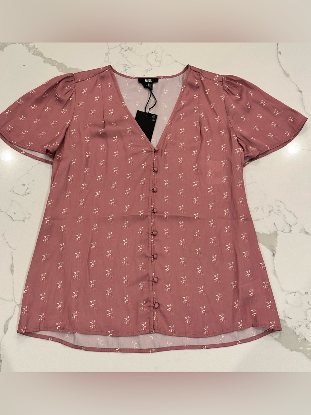 Paige Kelly Floral Flutter Sleeve Top S Pink Mesa Rose Satin Button Down Blouse - Picture 3 of 10